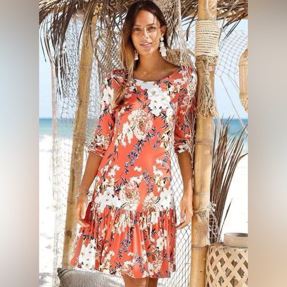 Lascana Floral Drop Waist Orange Dress Sz 6